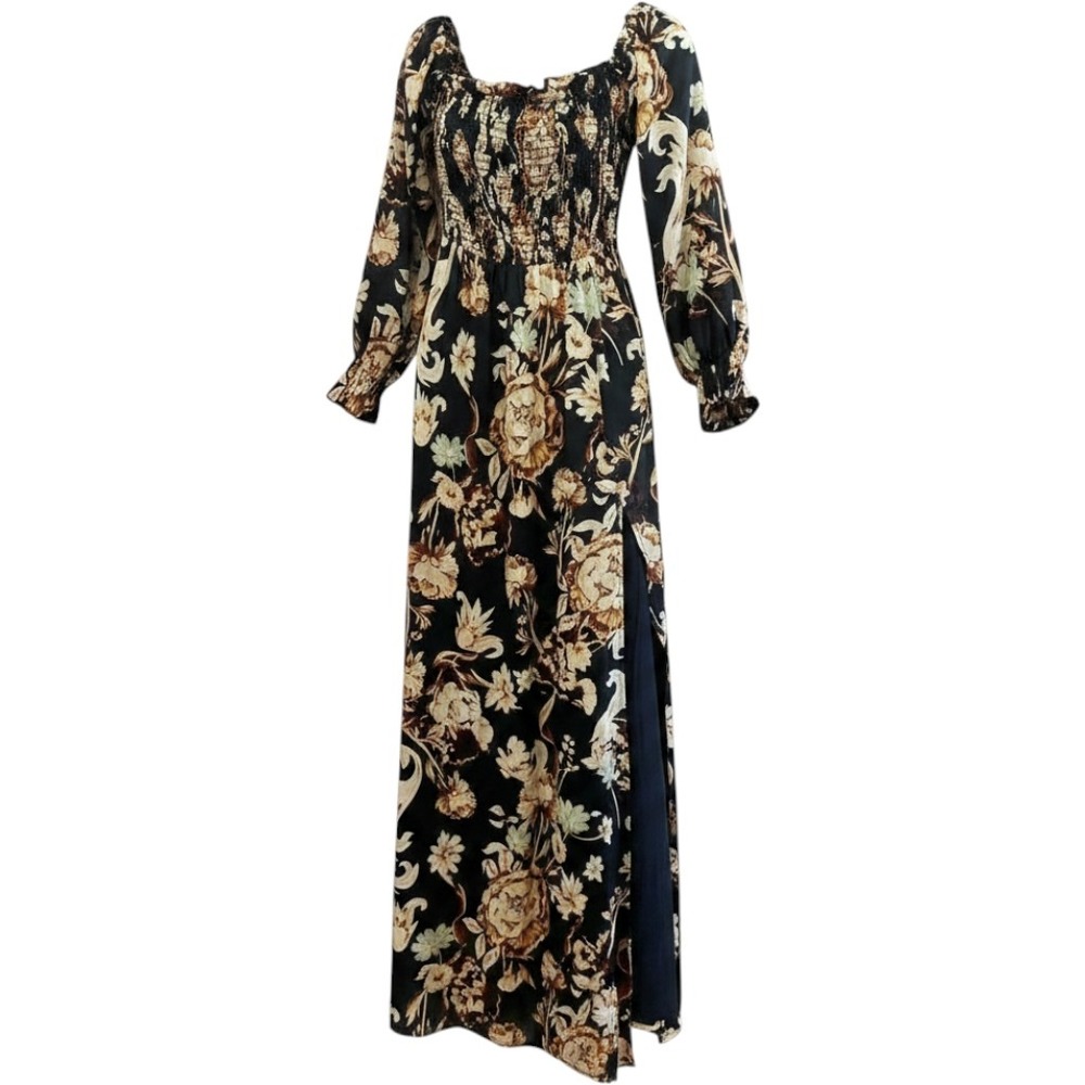 Southern Fried Chics Black Floral Smocked Maxi Dress L709-HT Womens Medium